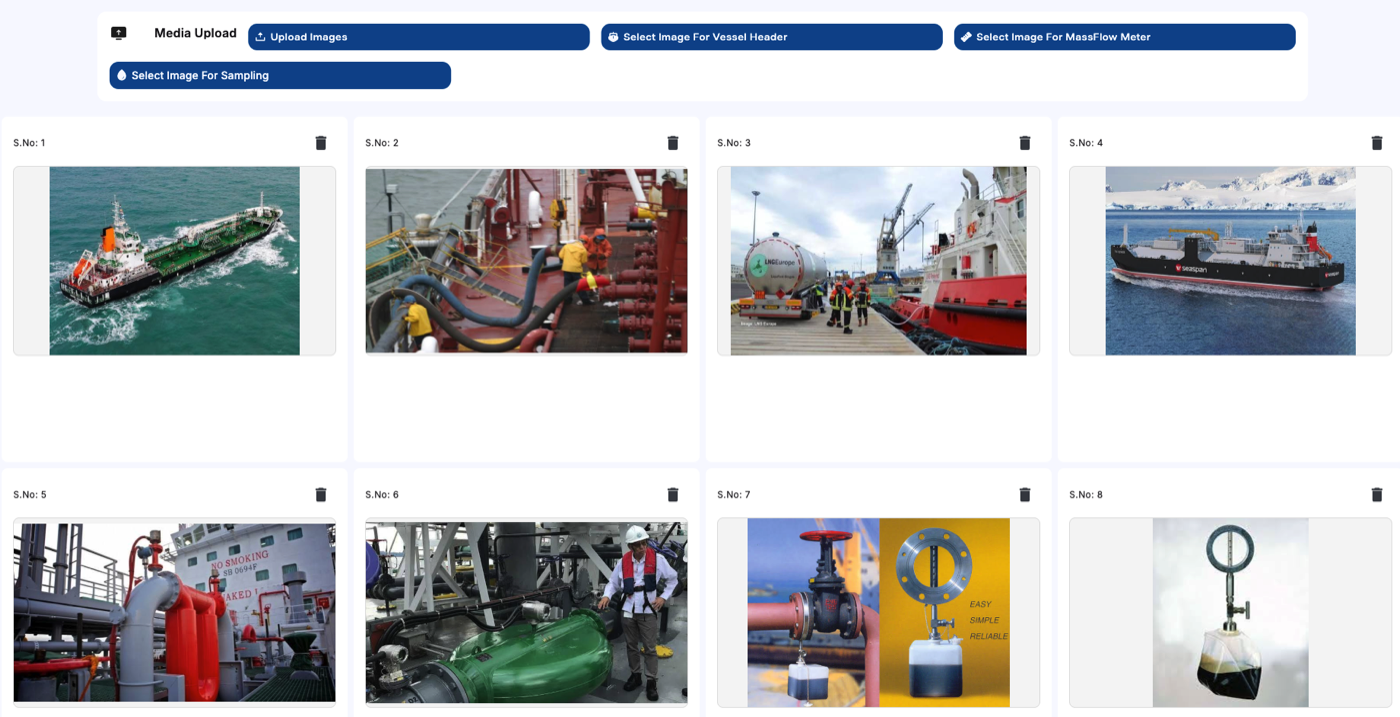 BluSense survey photo evidence upload panel with report section tagging and gallery